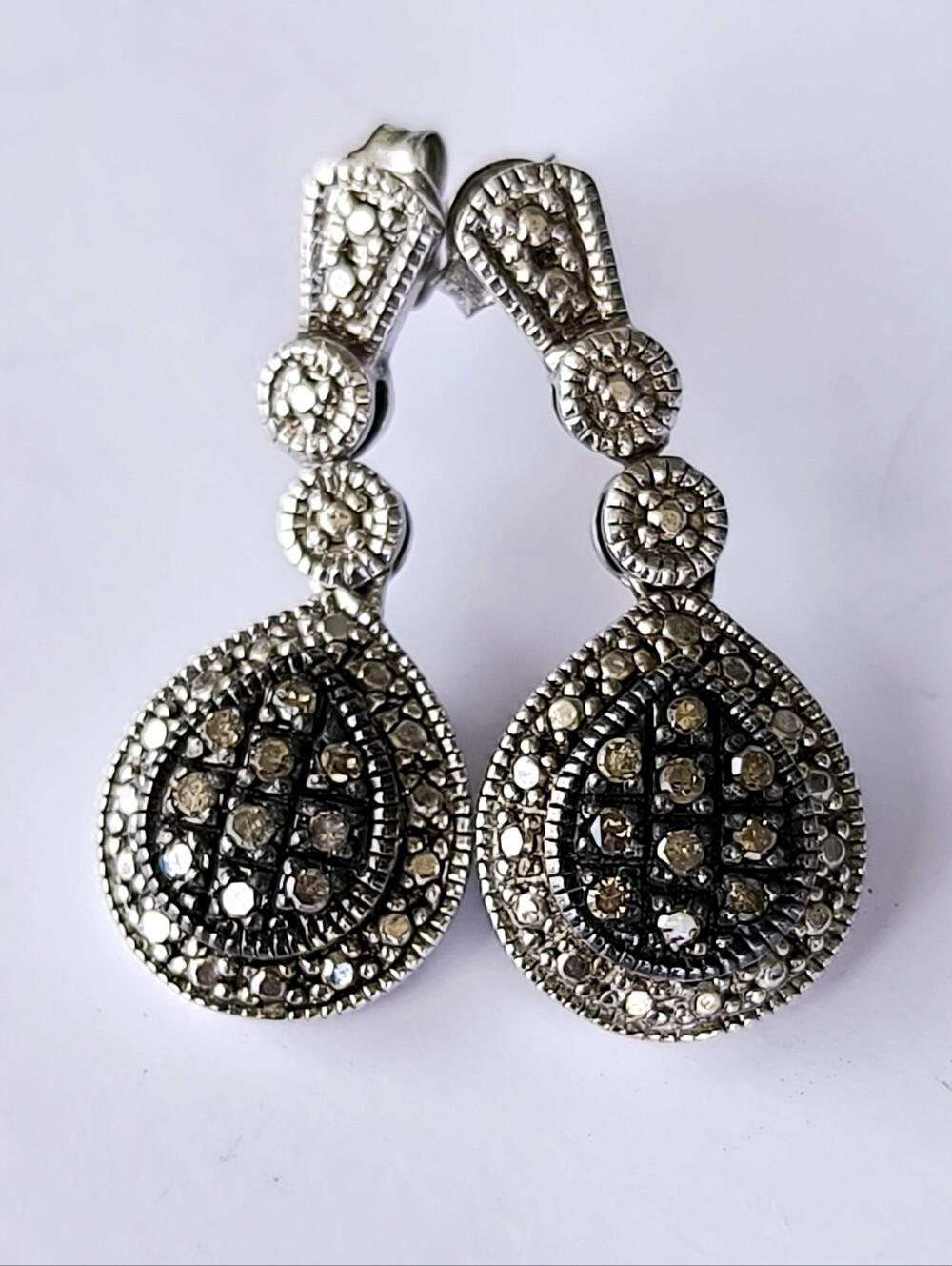 Natural Brown Diamonds Sterling Silver Stud Dangle Earrings